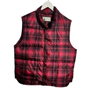 LL Bean Vest Mens M Red Black Buffalo Plaid Snap Goose Down Vintage Insulated